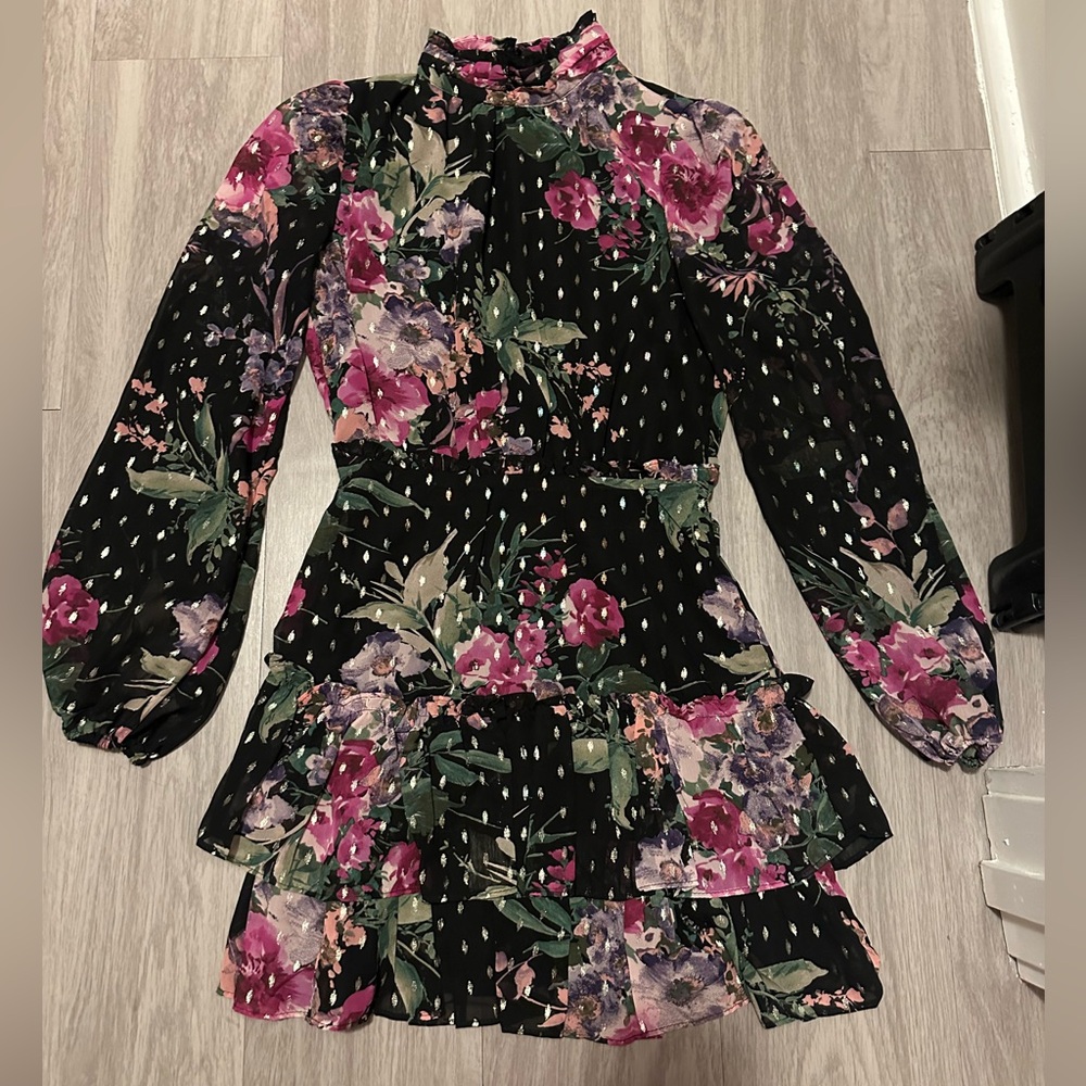 AQUA Black Floral Long-Sleeve Ruffle Dress
